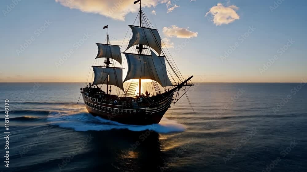 A classic ship navigates the ocean as the sun sets, illuminating the sails and creating a stunning maritime view A classic ship navigates the ocean as the sun sets, illuminating the sails and creating a stunning maritime view
