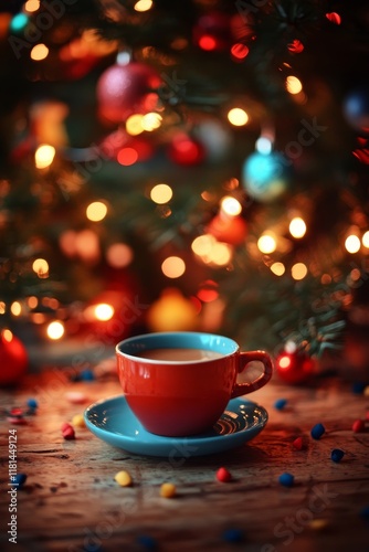 Wallpaper Mural Festive Cheer Cozy Red Coffee Cup on Table with Holiday Lights and Ornaments Blurred in Background Torontodigital.ca