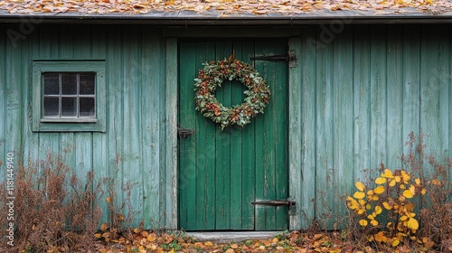 Rustic blue door adorned with a natural wreath in a serene outdoor setting ne...