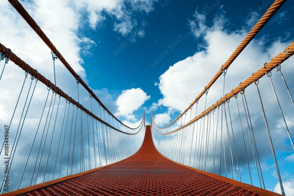 Obraz premium Suspension bridge walkway, cables, sky, clouds.