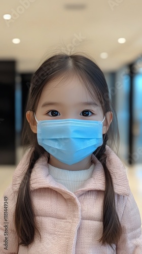 Young child wearing a blue mask and pink hat indoors during a cold day