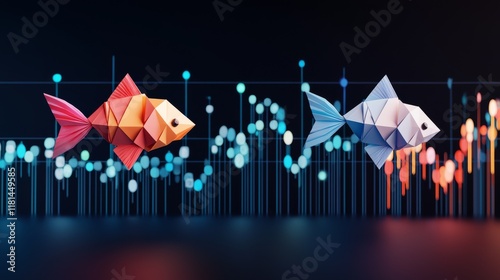 Swimming origami fish navigate financial charts in a dynamic market