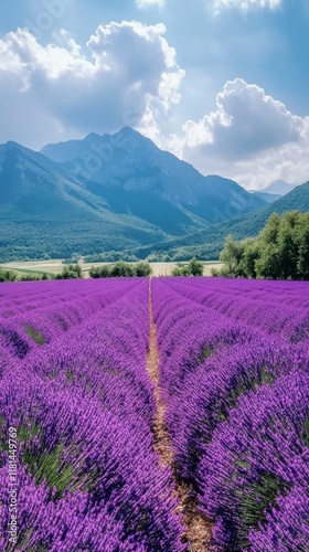 Beautiful lavender field with mountains in the background under a clear blue sky