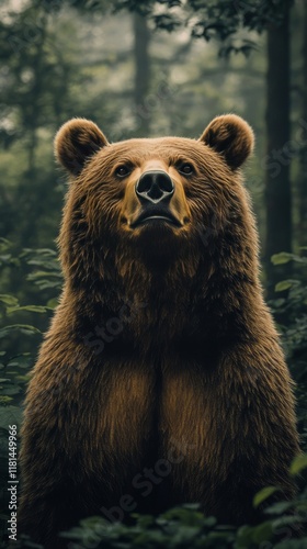 Majestic brown bear standing in lush forest during the day displaying its str...