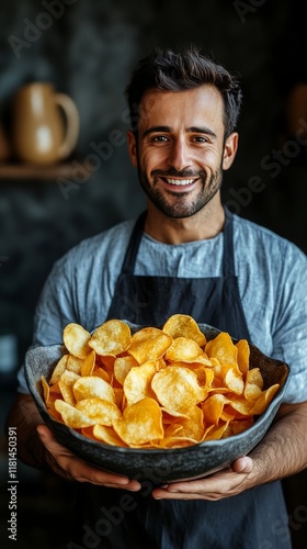 Delicious crispy potato chips served in a bowl, perfect for snacking during g...