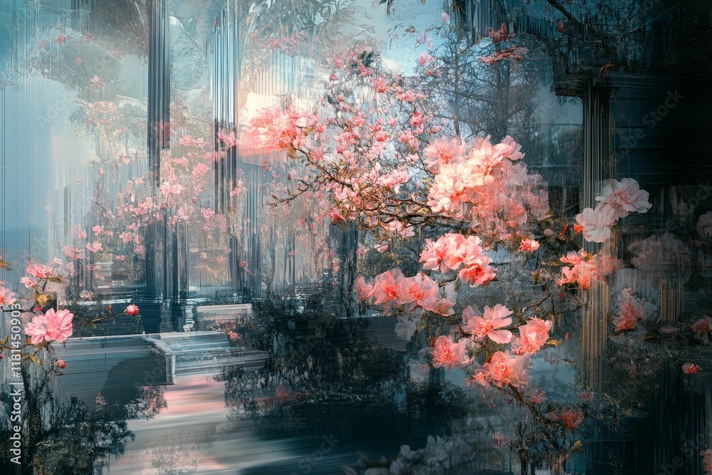 Obraz premium Pink blossoms, layered cityscape, abstract art.