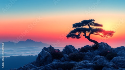 Sunset silhouette of a solitary tree against a vibrant sky at dusk in an open...