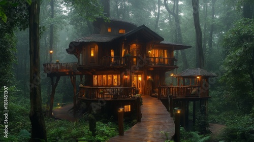 Modern wooden house perched on a hillside surrounded by lush green rainforest...