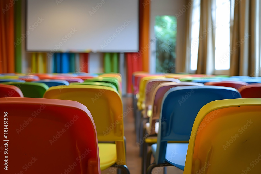 Fototapeta premium Empty colorful chairs in a presentation room.