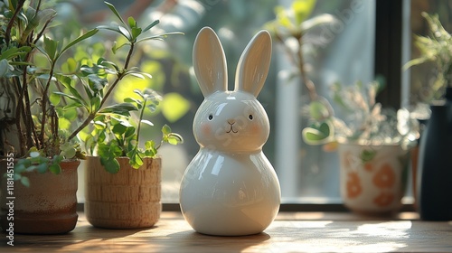 Cute decorative rabbit figurine placed on a wooden surface surrounded by gree...
