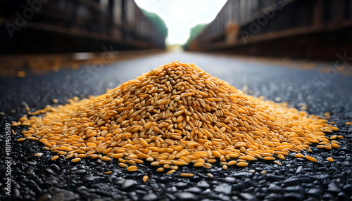 A mound of golden grain spills onto dark asphalt, with blurred freight cars in the background. photo