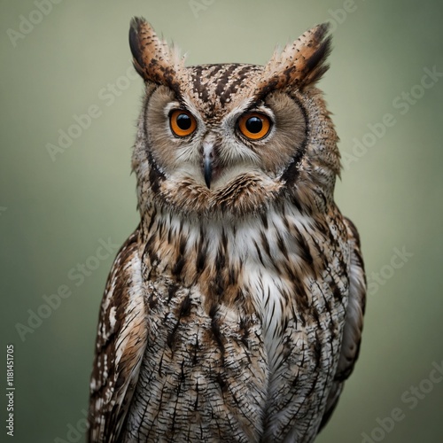 A realistic screech owl sitting quietly, clear background.