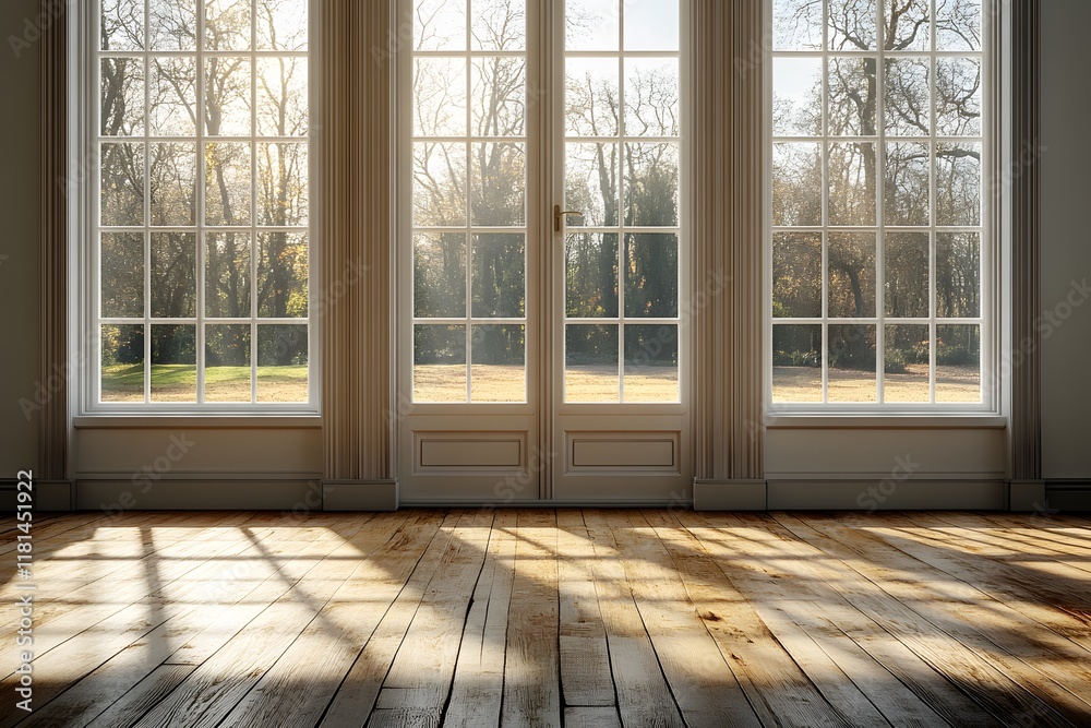 Fototapeta premium Sunlit Interior with Large Windows Overlooking Autumn Landscape