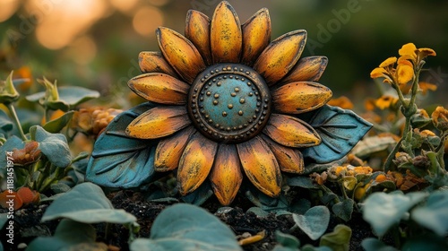 Bright sunflower sculpture adorned with vibrant leaves in a lush garden setting