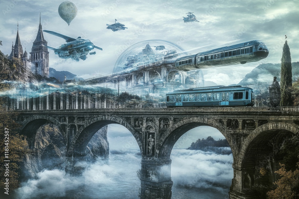 Fototapeta premium Futuristic trains, flying vehicles, ancient bridge, misty landscape.