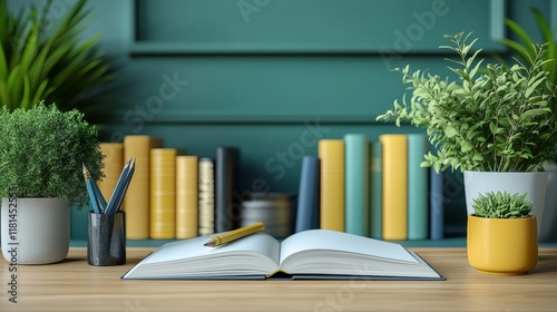 Cozy reading nook with plants, books, and an open journal set on a wooden table