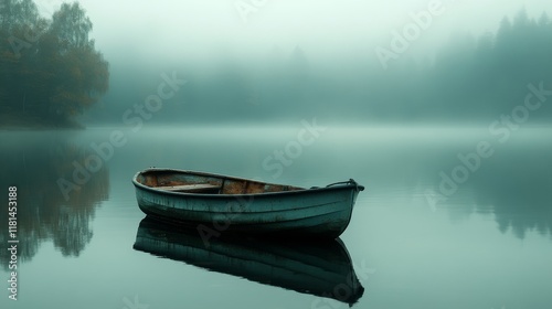 Calm waters reflect a solitary boat at sunset near a serene lake