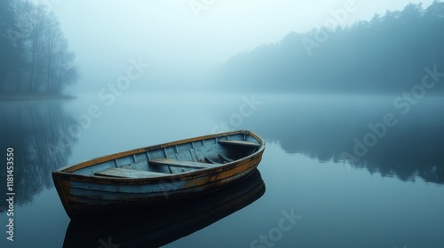 Tranquil wooden boat floating on calm lake surrounded by misty forest at dawn