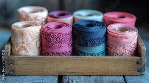 Colorful rolls of lace and ribbon displayed in a wooden tray on a rustic table