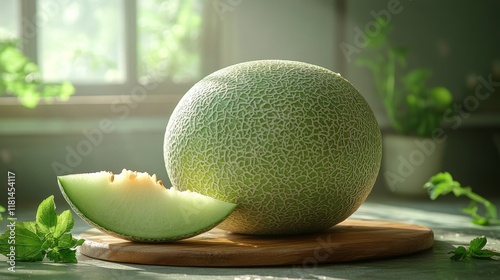 Freshly cut melon resting on a wooden board with mint leaves in a sunlit kitchen