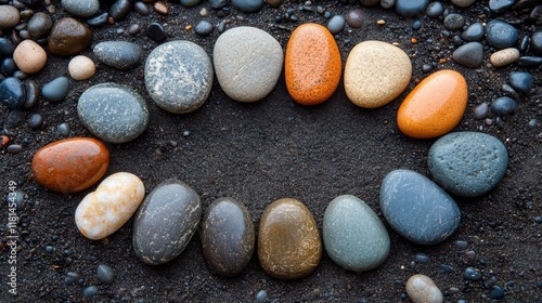 Unique arrangement of smooth stones forming a circular pattern on dark sand