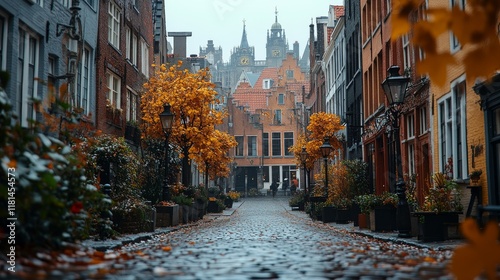Charming cobblestone street in a historic town during a rainy evening with il...