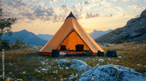 Vibrant orange tent set against mountains during a serene sunset with lush gr...