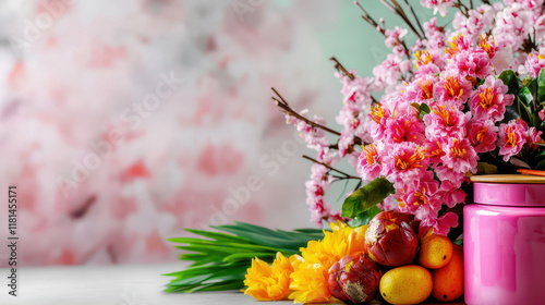 Wallpaper Mural Bright floral arrangement with pink flowers, yellow blooms, and decorative fruits, creating vibrant and cheerful atmosphere Torontodigital.ca