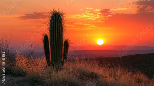Majestic sunset over a desert landscape featuring a lone cactus silhouette