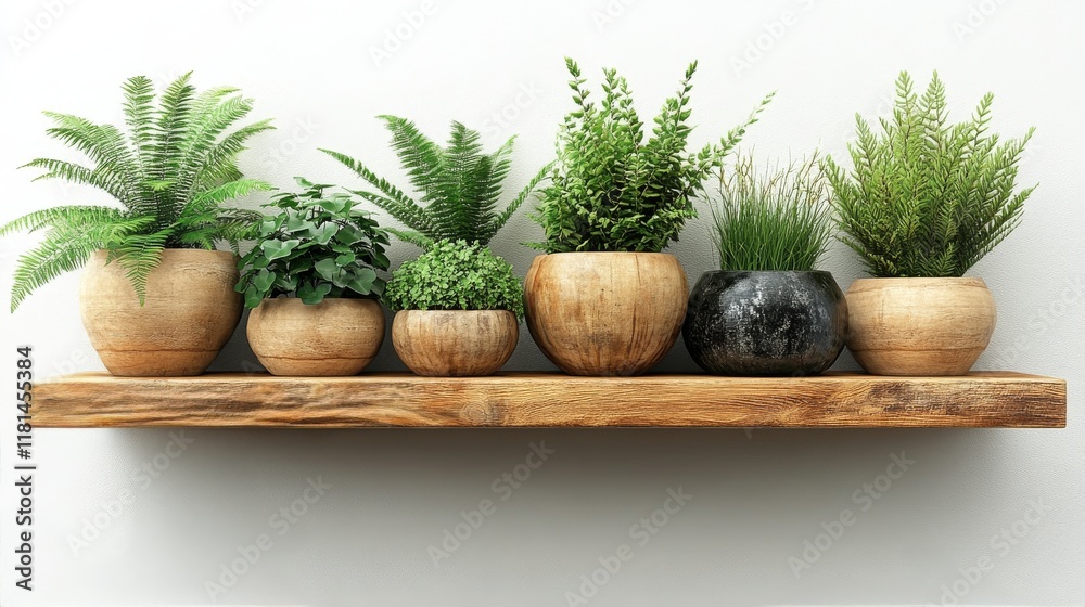 Fresh ferns on a wooden shelf with sunlight casting shadows in a modern room Fresh ferns on a wooden shelf with sunlight casting shadows in a modern room