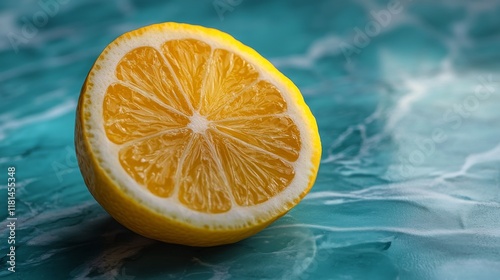 Freshly cut lemon resting on a marble countertop illuminated by natural sunlight