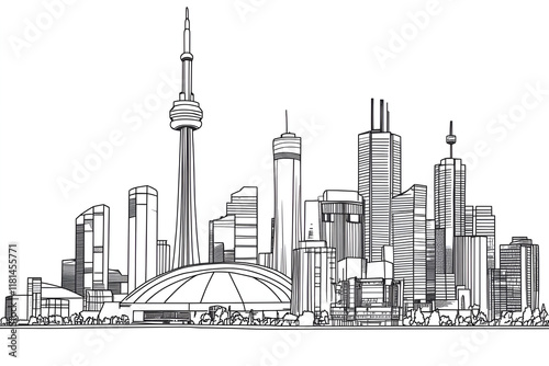 Black and white outline illustration of a city skyline with iconic buildings, urban architecture design