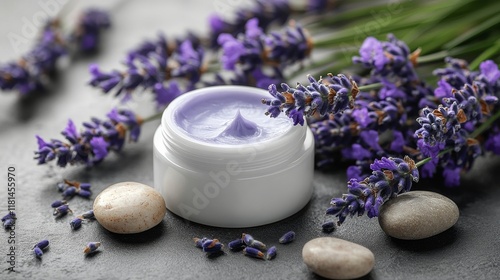Natural skincare cream surrounded by lavender and stones in a serene outdoor ...