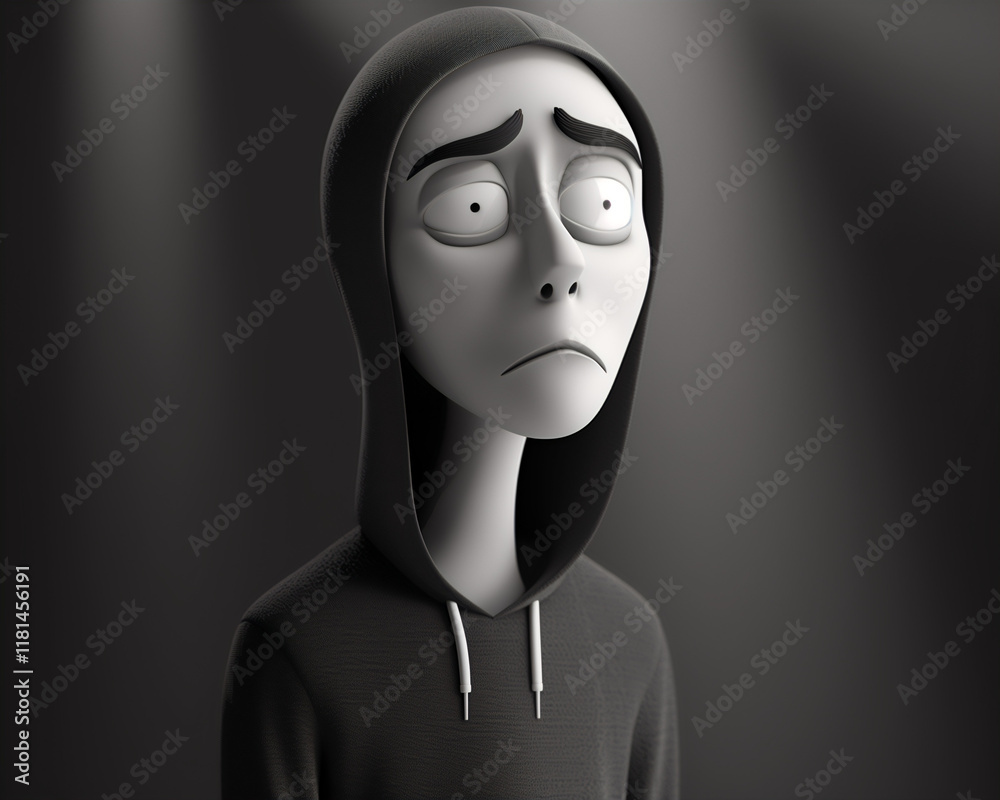 3D Illustration of a Sad Character in a Hoodie - Emotive Expression with Dramatic Lighting 3D Illustration of a Sad Character in a Hoodie - Emotive Expression with Dramatic Lighting