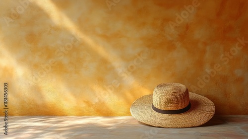 Straw hat resting against a textured wall in a rustic indoor setting