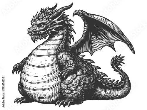 Chubby faty dragon with intricate scales, wings, and regal expression, blending fantasy and artistry sketch engraving generative ai vector illustration. Scratch board imitation. Black and white image