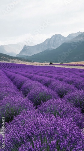 Beautiful lavender field with mountains in the background under a clear blue sky