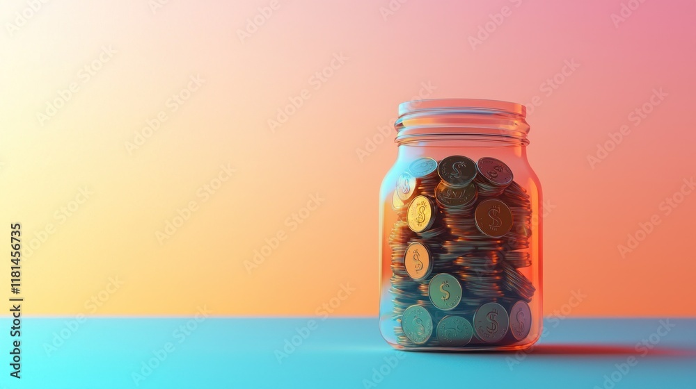 Glass jar filled with stacked coins against gradient backdrop Glass jar filled with stacked coins against gradient backdrop
