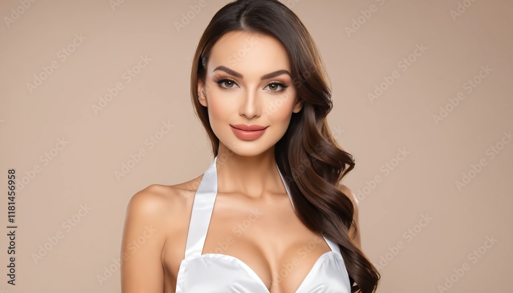 Obraz premium smiling young woman with long, flowing hair in a black and white outfit