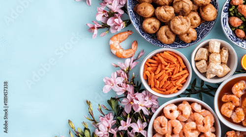 Wallpaper Mural Delicious seafood and snacks arranged beautifully with flowers Torontodigital.ca