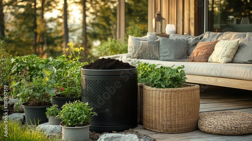 Beautiful outdoor garden space with potted plants and cozy seating in evening...