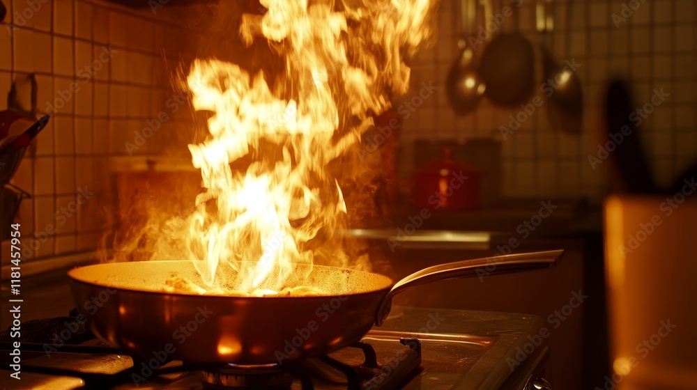 A bright flame rises from a gas burner in a cozy kitchen as food is being prepared, with warm colors and a tiled background setting a comforting cooking atmosphere A bright flame rises from a gas burner in a cozy kitchen as food is being prepared, with warm colors and a tiled background setting a comforting cooking atmosphere