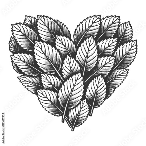 heart formed by overlapping mint leaves, showcasing nature and botanical elegance sketch engraving generative ai vector illustration. Scratch board imitation. Black and white image.