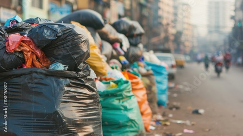 Garbage bags in various colors are stacked along a city street, illustrating ongoing waste disposal challenges in a densely populated area photo