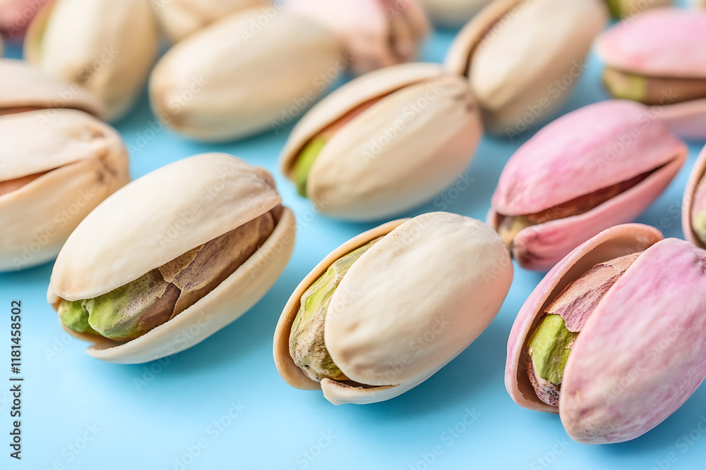 A close-up shot of pistachios arranged on a soft pastel surface, highlighting their natural texture and colors, perfect for food photography, minimalist design, or healthy snack themes. A close-up shot of pistachios arranged on a soft pastel surface, highlighting their natural texture and colors, perfect for food photography, minimalist design, or healthy snack themes.