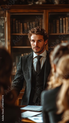 Confident speaker engaging an audience in an elegant library setting during a...