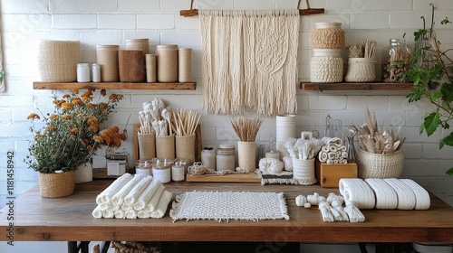 Cozy interior with natural materials and decorative elements in a minimalist ...