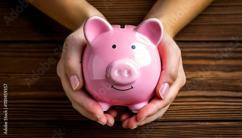 Close-up of gentle hands carefully holding a pink piggy bank on a rustic wooden surface.  This high-quality image evokes feelings of security, savings, and financial planning.