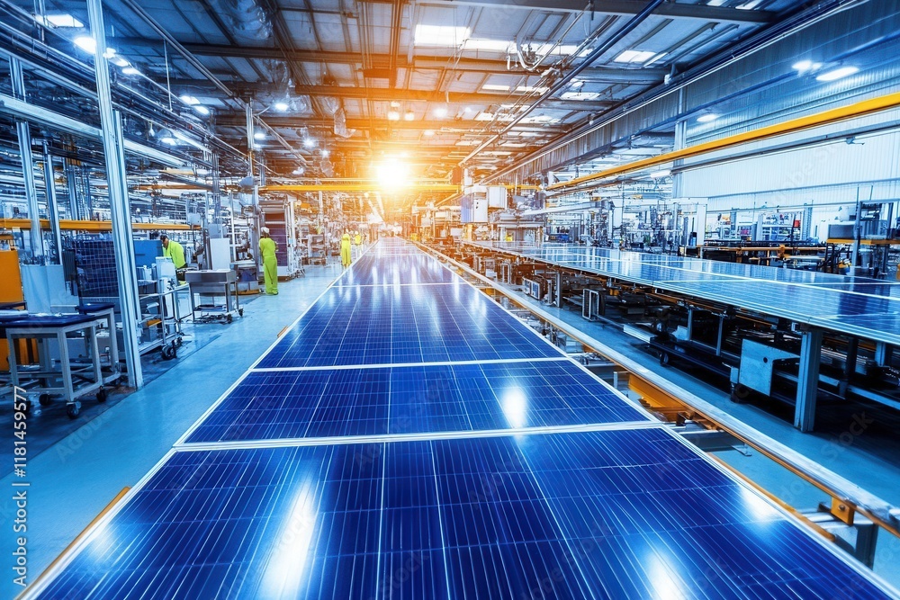 Fototapeta premium Solar Panel Manufacturing Line with Workers and Equipment