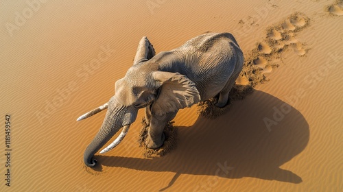 Elephant relaxing in the sand at a watering hole during the early morning light
